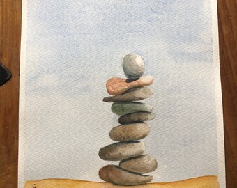 English seaside watercolour painting calm spiritual Zen Stone Pile on the beach