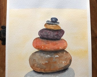 English seaside watercolour painting calm spiritual Zen Stone Pile on the beach