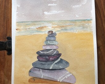 English seaside watercolour painting calm spiritual Zen Stone Pile on the beach