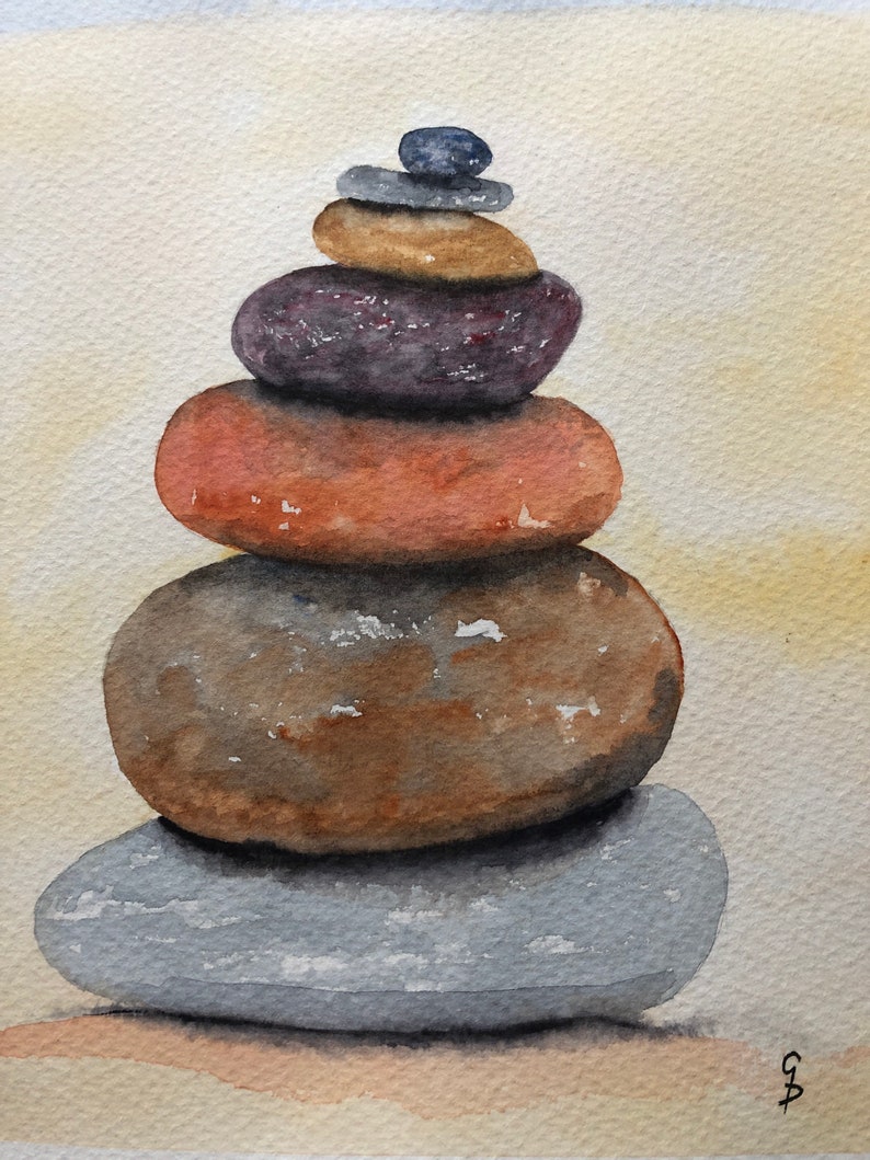 English seaside watercolour painting calm spiritual Zen Stone Pile on the beach