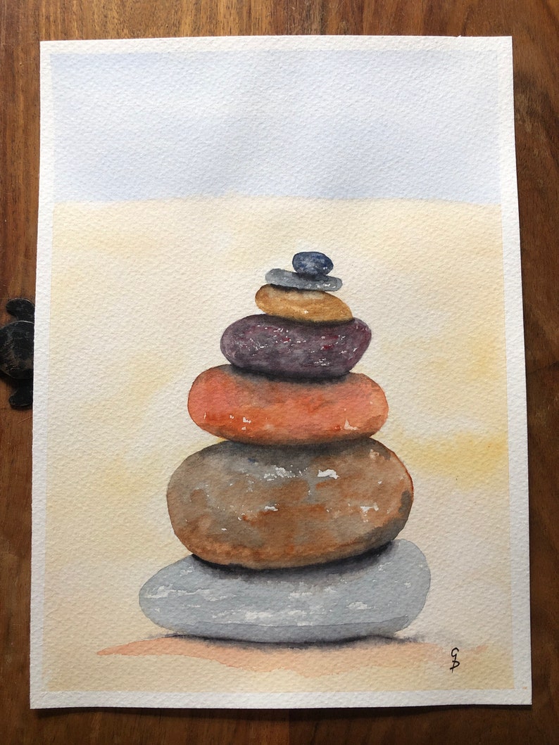 English seaside watercolour painting calm spiritual Zen Stone Pile on the beach