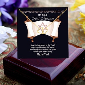 Naszyjnik z okazji Bat Micwy, prezent Mazel Tov na biżuterię z okazji Bat Micwy, naszyjnik z okazji Bat Micwy, karta z okazji Bat Micwy, biżuteria żydowska, prezent dla niej