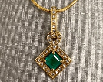Princess Cut Emerald Halo Pendant Solid 14KY Gold
