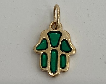 Green Enamel Hamsa Charm Solid Gold 18K Yellow Pendant