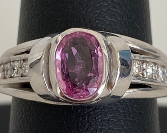 Pale Pink Sapphire Diamond Engagement Ring 18KW Solid Gold