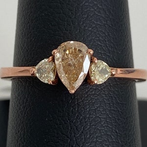 18 Karat Rose Gold Teardrop and Heart Shape Champagne and White Diamond Ladies Trilogy Ring 0.38 ct Center Stone