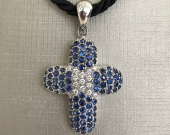 Blue Sapphire & Diamond Cross Pendant 14KW