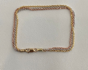 Dainty Tri Color Link Bracelet 18K Solid Yellow White & Rose Gold