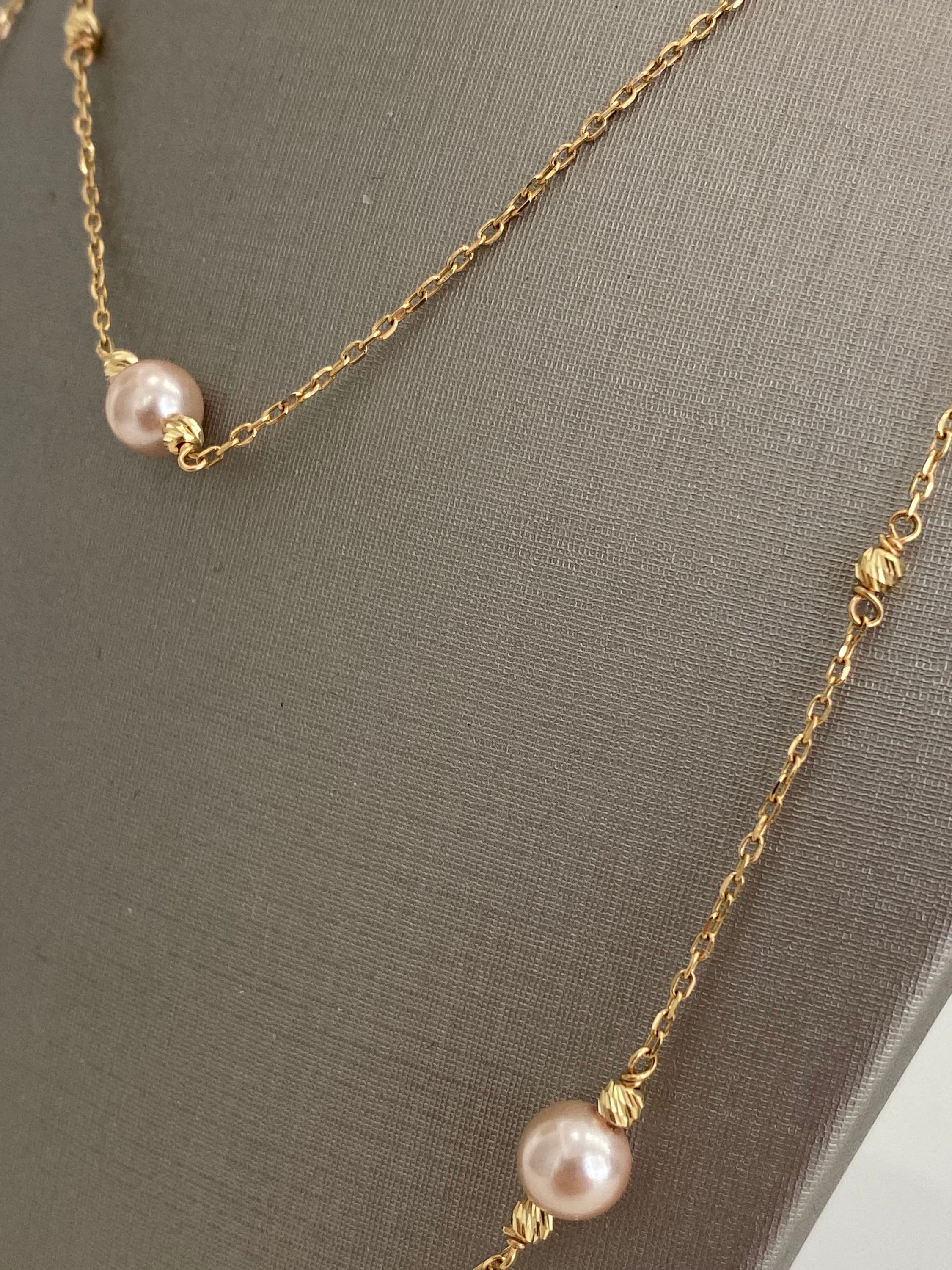 18Kゴールドピンクパールチェーンネックレス：ダイヤモンドカット