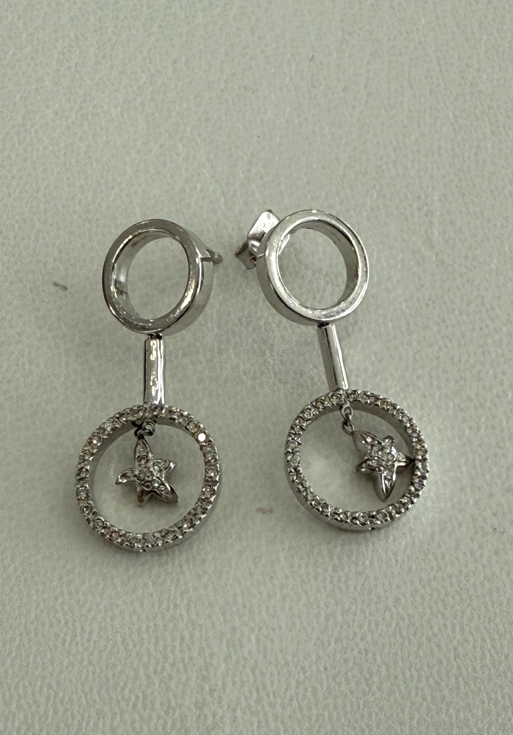 Small Star Dangle Diamond Earring Set Solid 14KW Gold Butterfly Closure