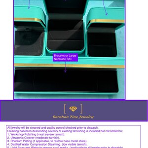 May include: A set of open jewelry boxes in various sizes, including boxes for pendants, rings, and bracelets or necklaces. The boxes are teal with gold trim and black interiors. The text "Borohan Fine Jewelry" is visible.