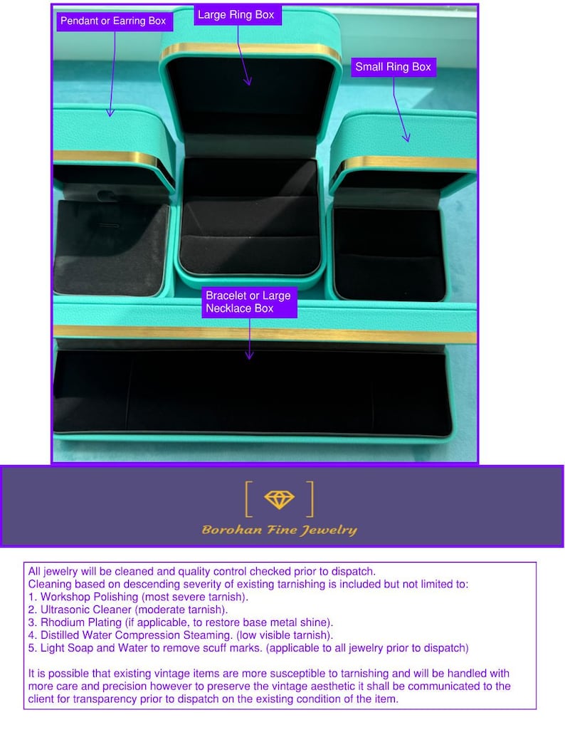 May include: A set of open jewelry boxes in various sizes, including boxes for pendants, rings, and bracelets or necklaces. The boxes are teal with gold trim and black interiors. The text "Borohan Fine Jewelry" is visible.