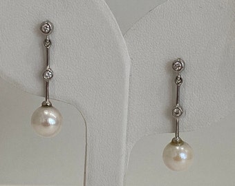 Diamond & Pearl Drop Earrings 14K White Gold
