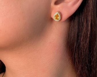 Pear Cut Orange Sapphire & Diamond Stud Earrings 18KY Gold