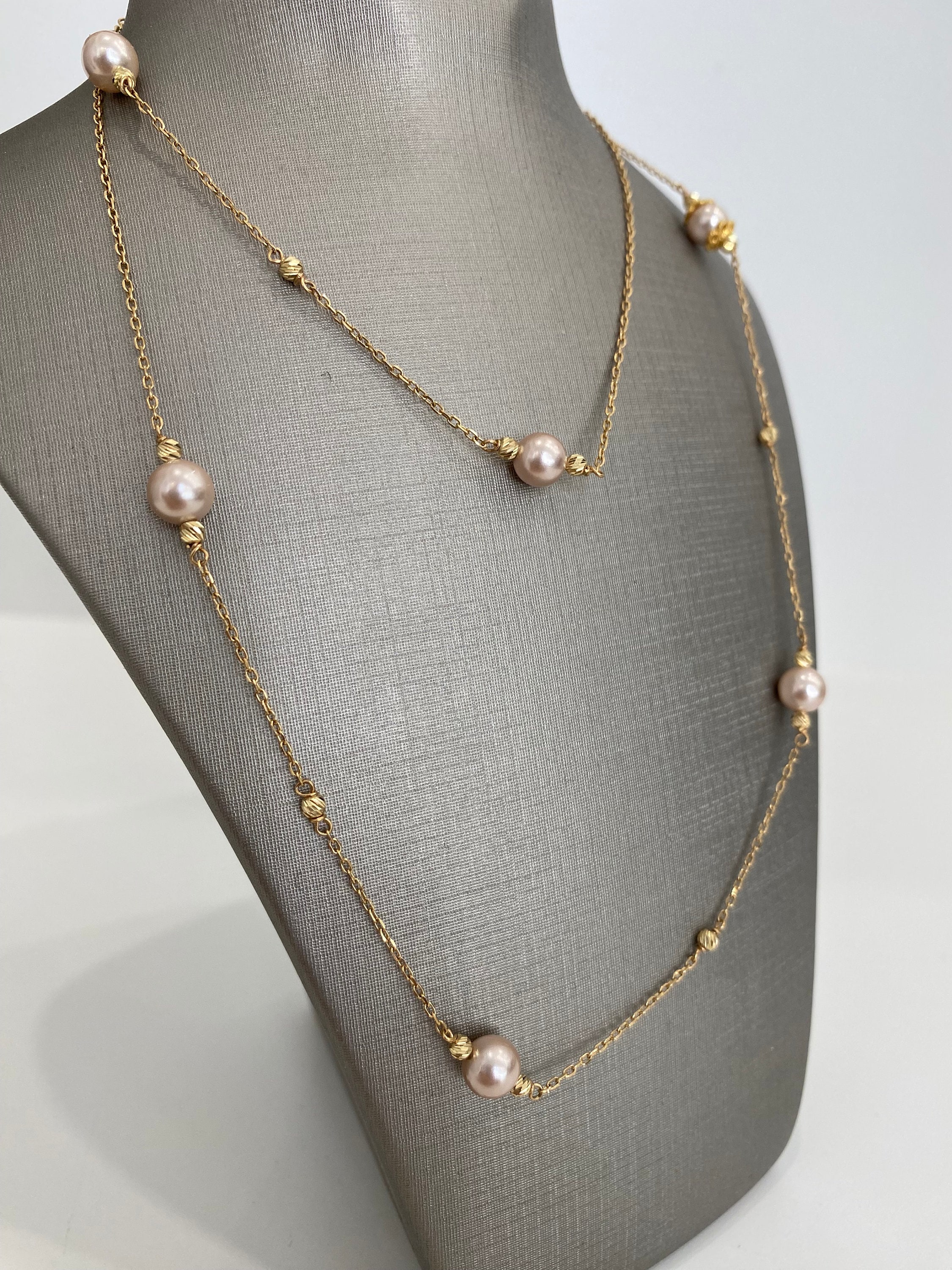 18Kゴールドピンクパールチェーンネックレス：ダイヤモンドカット