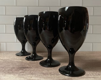 Four Vintage Black Amethyst Libbey Premiere Goblets - Black Water Wine Glasses - Deep Purple Glasses