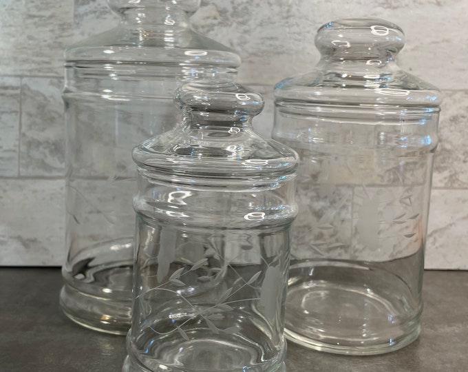 Set of 3 Vintage Princess House Etched Apothecary Storage Jars Vintage