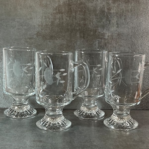 Set of 4 Vintage Princess House Heritage Crystal Irish Coffee Glasses - Hand Etched Floral Crystal - MCM Barware - Vintage Coffee Cups