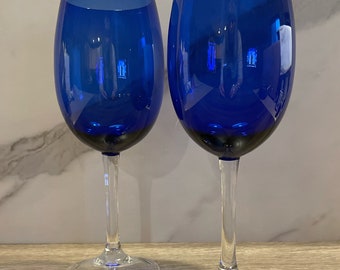 Set of 2 Vintage Cobalt Blue Libbey Montibello Tall Wine Glasses - Crystal Barware - Cocktail Glasses