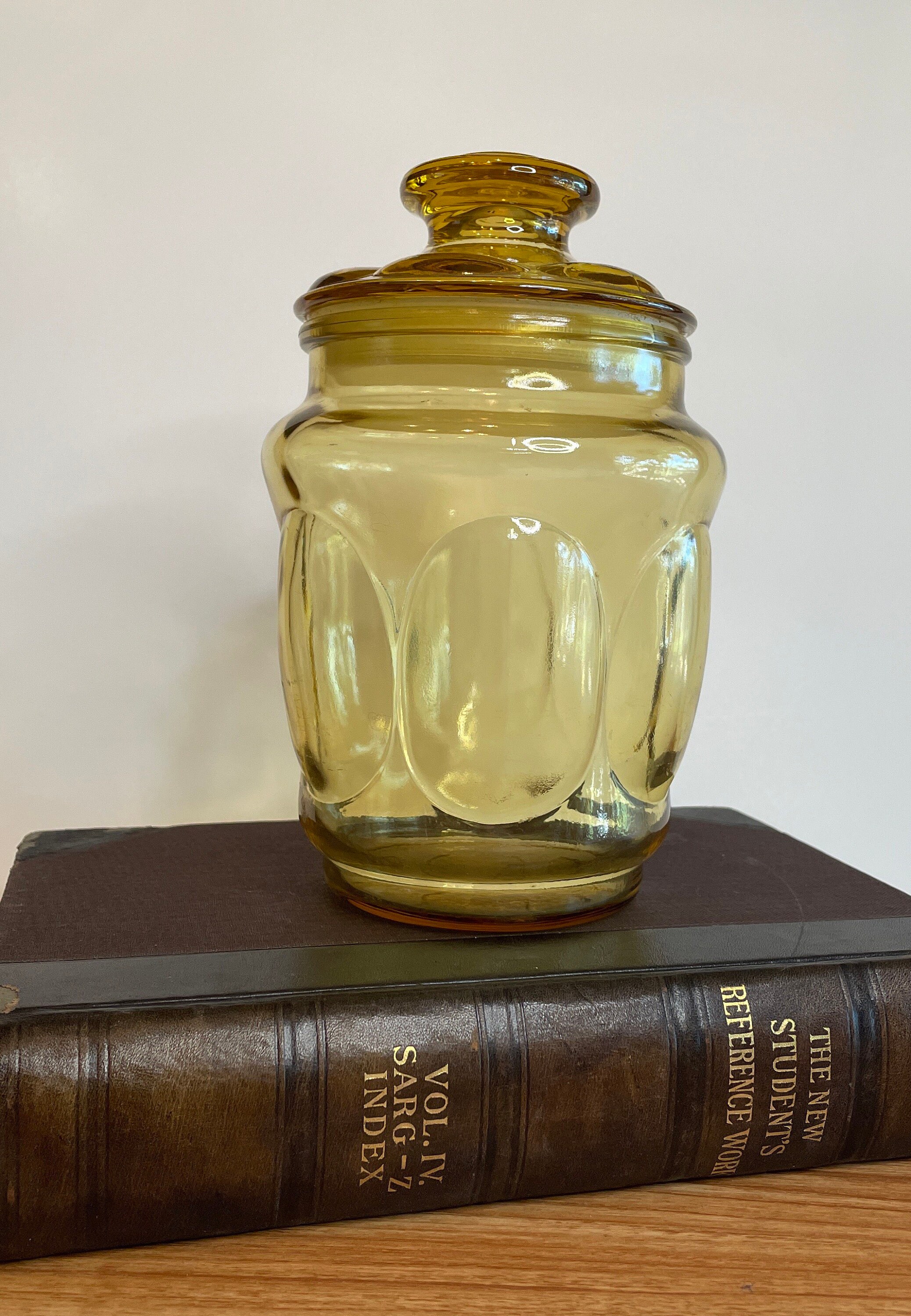L E Smith Amber Gold Glass Jar Canister Vintage Carnival Etsy