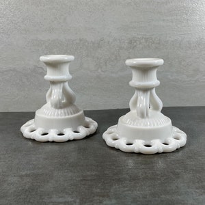 Vintage &quot;Doric Lace&quot; Westmoreland Candle Holders - Wedding Decor - Farmhouse Decor - MCM Decor - Milk Glass
