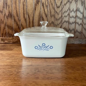 May include: White rectangular casserole dish with a clear glass lid. The dish features a blue floral design on the front. The lid has a small handle and the dish has handles on each side.