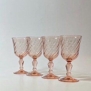 4 Shot Glasses - Vintage Arcoroc Luminarc Rosaline Pink Swirl Stemmed Cordial Glasses - Made in France