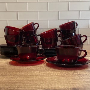 32 Piece Set Arcoroc Ruby Red Cups and Saucers - Vintage Glass - Red Mugs - Christmas Holiday Dishes - Made in France - Punch or Coffee Cups