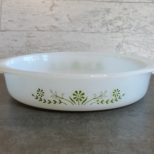 Vintage Glasbake 8” Cake Pans Milk Glass Baking Pan - Collectible MCM Kitchen - Green Daisy