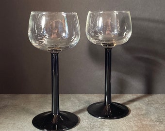 Set of 2 Cristal d’Arques Rhine Wine Glasses - Vintage 1990’s Made in France - Black Domino Stem Wine Hock Glasses