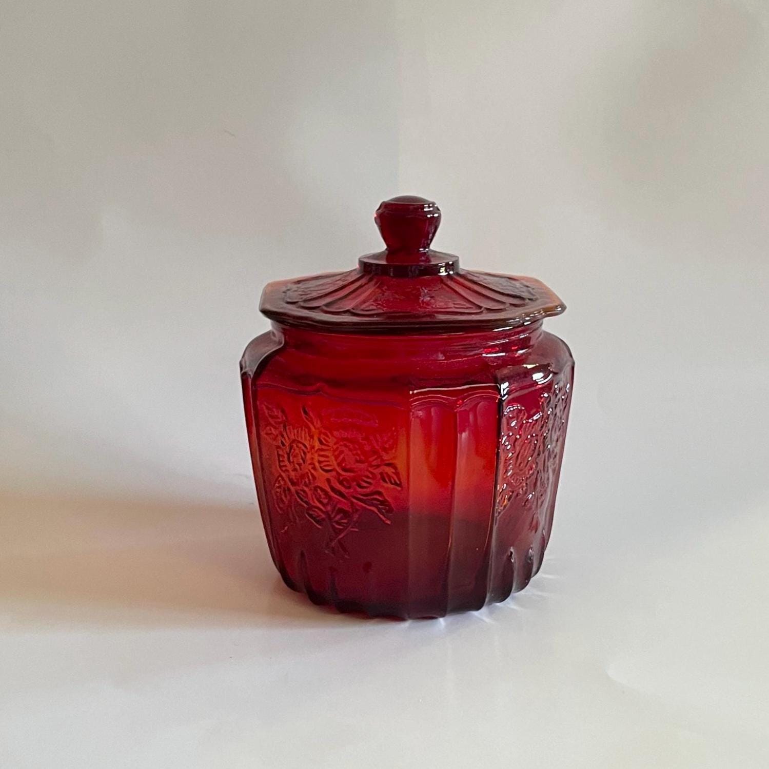 Mayfair Amberina Red Cookie or Biscuit Jar - Vintage 1970’s Anchor Hocking Reproduction Depression Glass Jar