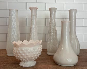 6 Vintage White Milk Glass Vases - Wedding Decor - Floral Arrangements - White Vases