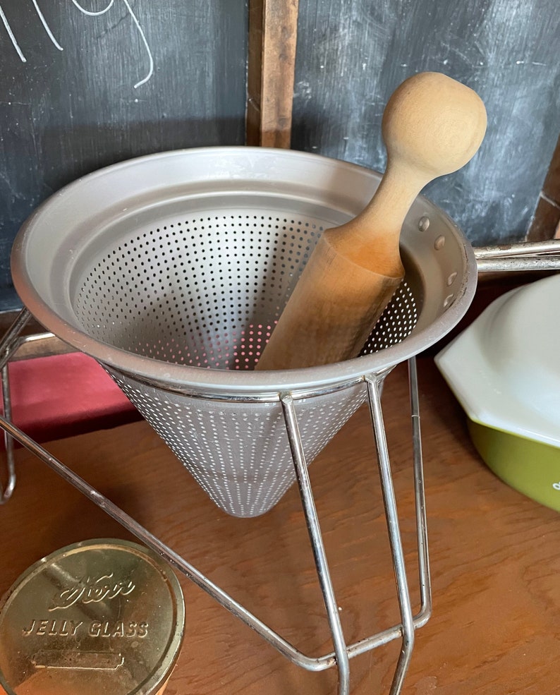 Vintage Canning Sieve with Stand and Wooden Pestle Food Mill Vintage Canning Equipment Jam /& Jelly