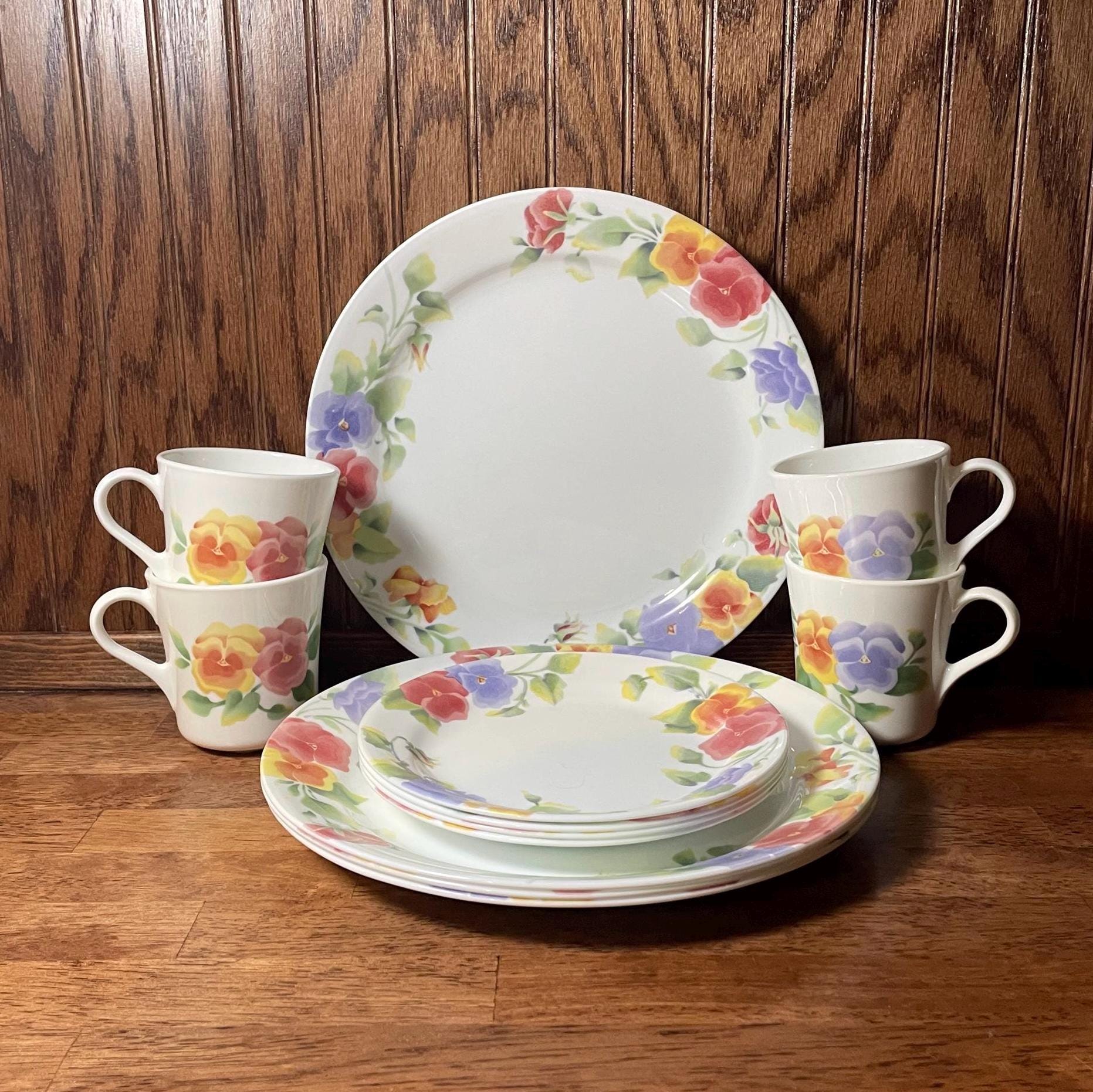 12 Piece Set Corelle Summer Blush Dishes Pansy Pattern Vintage
