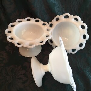 Open Lace Milk Glass Bowls or Footed Bowls Relishes Nuts Dips Centerpieces Rose Bowls Chocolates YOUR CHOICE of Pieces