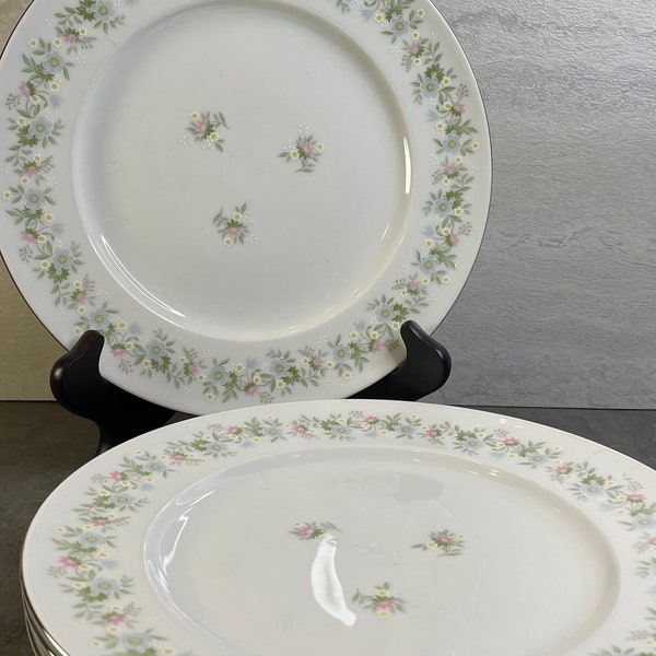 Set of 4 Forever Spring Dinner Plates by Johann Haviland - Vintage China - Pink Blue Flower Green Leaves Platinum Band - Bavaria Germany