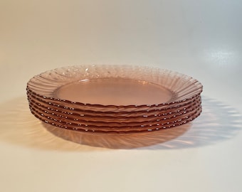 Set of 6 Vintage Arcoroc Luminarc Rosaline Pink Swirl Glass Salad Plates - Vintage Cristal d’Arques - Made in France