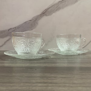 2 Sets Tiara Chantilly Sandwich Glass Coffee Cup and Saucers - Vintage Indiana Glass - Depression Glass - MCM Dishes