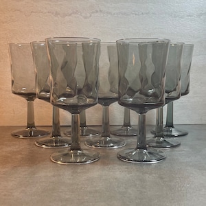 Set of 9 Duz Crystal Gray Wine Goblets - 1960&#39;s Vintage Crystal Glasses - Gray Glasses - MCM Barware