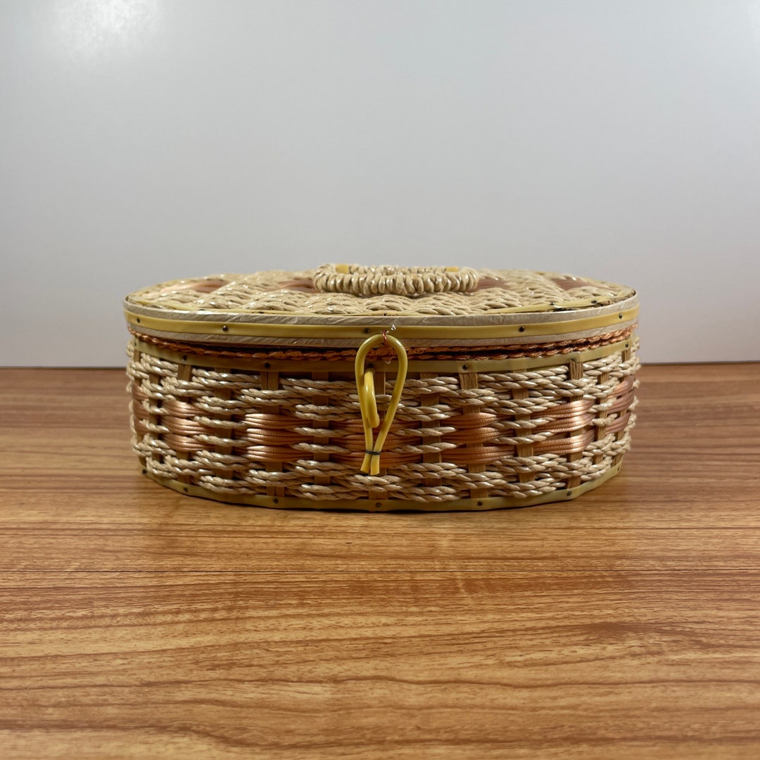 Vintage Small Sewing Basket Satin Lined Mid Century Craft Etsy