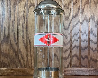 Vintage Coca Cola Straw Dispenser  - Glass Straw Storage Jar - Soda Fountain - Barware - Man Cave - Collectible Coke Advertising