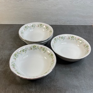 Set of 4 Forever Spring Berry Bowls by Johann Haviland - Vintage China - Pink Blue Flower Green Leaves Platinum Band - Bavaria Germany