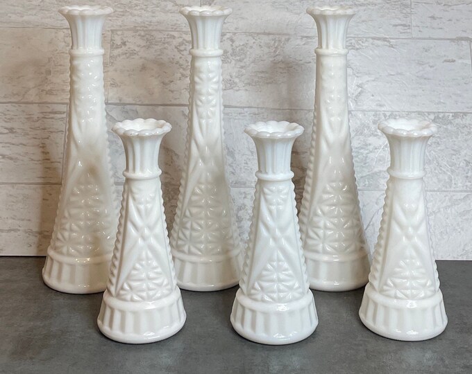 Set of 6 Vintage White Milk Glass Vases Wedding Decor Floral