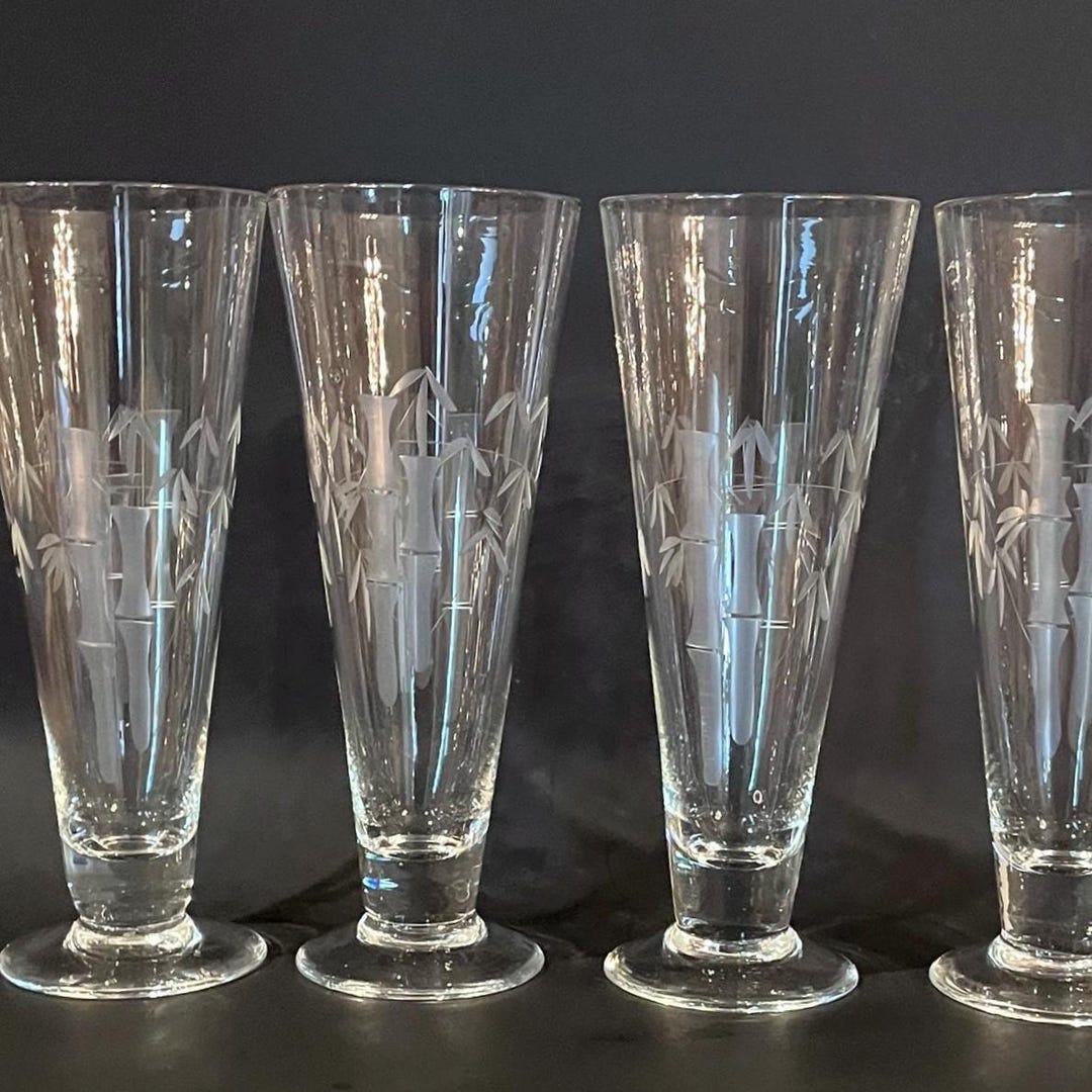 4 Sasaki Etched Bamboo Pilsner Glasses - MCM Barware - Crystal