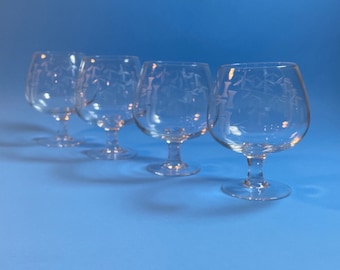 Set of 4 Sasaki Etched Bamboo Brandy Glasses - MCM Barware - Crystal Glasses - Brandy Sniffer