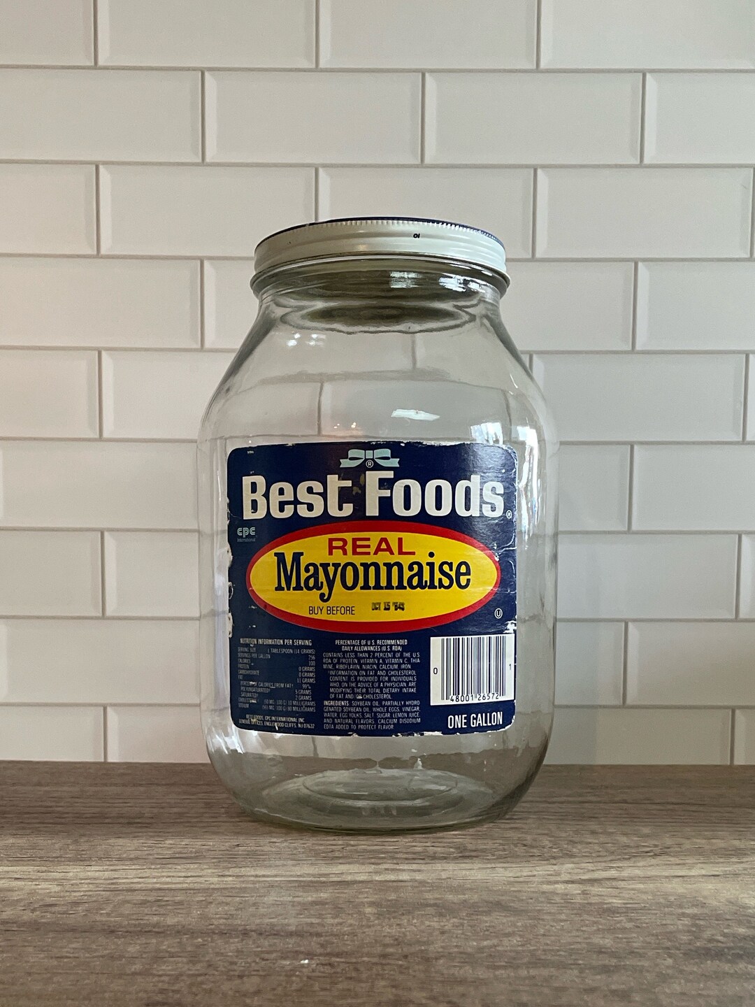 Vintage Large 1 Gallon Glass Best Foods Mayonnaise Jar Food Storage Jar