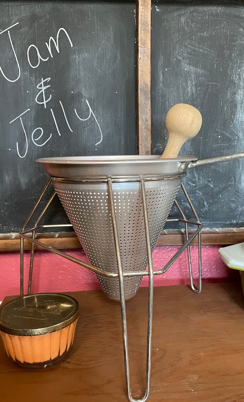 Vintage Canning Sieve with Stand and Wooden Pestle Food Mill Vintage Canning Equipment Jam /& Jelly