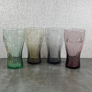Set of 4 Tall Coca Cola Glasses by Libbey - Gray - Light Green - Cranberry Purple - Brown Glasses  - Vintage Coke Glasses