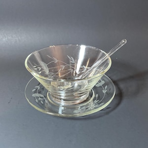 Condiment Bowl Set - Bowl Underplate & Spoon - Princess House Heritage - MCM Tableware - Vintage Hand-Blown Etched Crystal