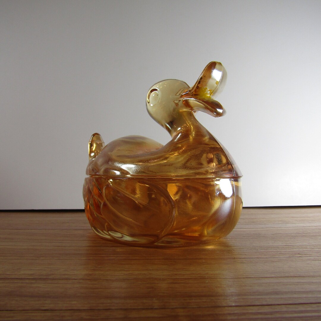 Vintage Duck Candy Dish With Lid Iridescent Orange Glass Etsy